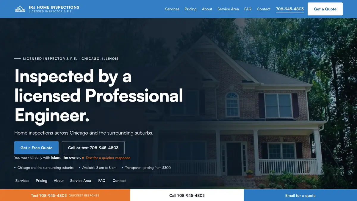 The IRJ Home Inspections homepage, built by Safina Studio and live at irjhomeinspections.com